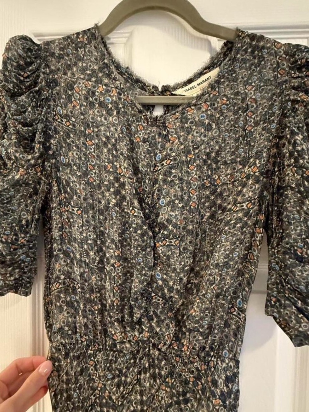 Isabel Marant Olive Green Floral Puff-Sleeve Midi Dress - Picture 4 of 5